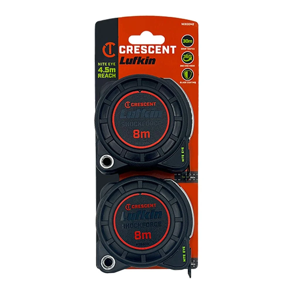 CRESCENT LUFKIN 8m x 30mm 2 Pack Shockforce Nite Eye™ Gen 1 Tape Measure NE830M2