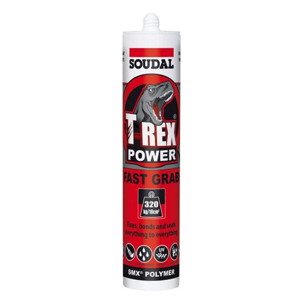 290ml Cartridge of T-Rex Power Fast Grab Adhesive Sealant in Steel Grey 121970 by Soudal