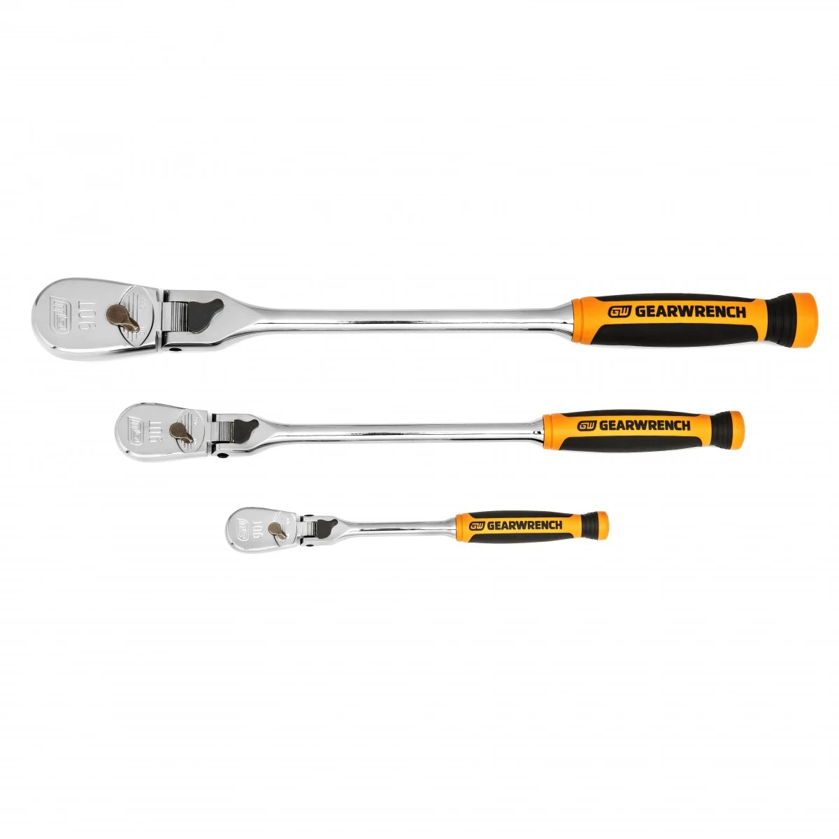 GEARWRENCH 81298T 3 Piece 90 Tooth 1/4″, 3/8″ & 1/2″ Drive Dual Material Cushion Grip Locking Flex Handle Ratchet Set 90T