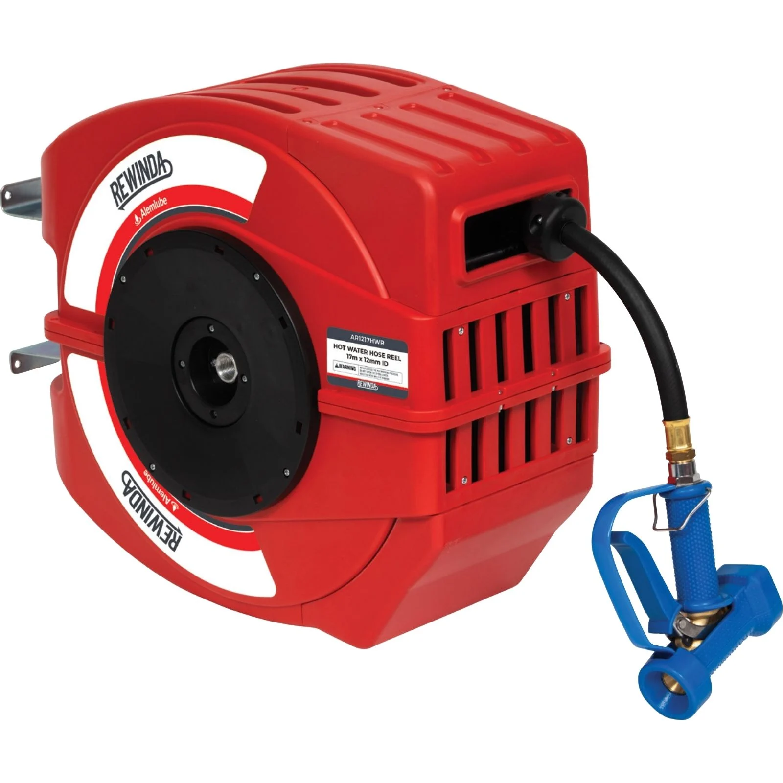 Alemlube AR1217HWR REWINDA Hot/Cold Water Washdown Red Reel 1/2″ x 17m Hose & Spray Gun