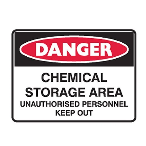 Brady Danger Sign - Chemical Storage Area Unathorised Personnel Keep Out, H180mm x W250mm, Self Adhesive Vinyl, White/Red/Black