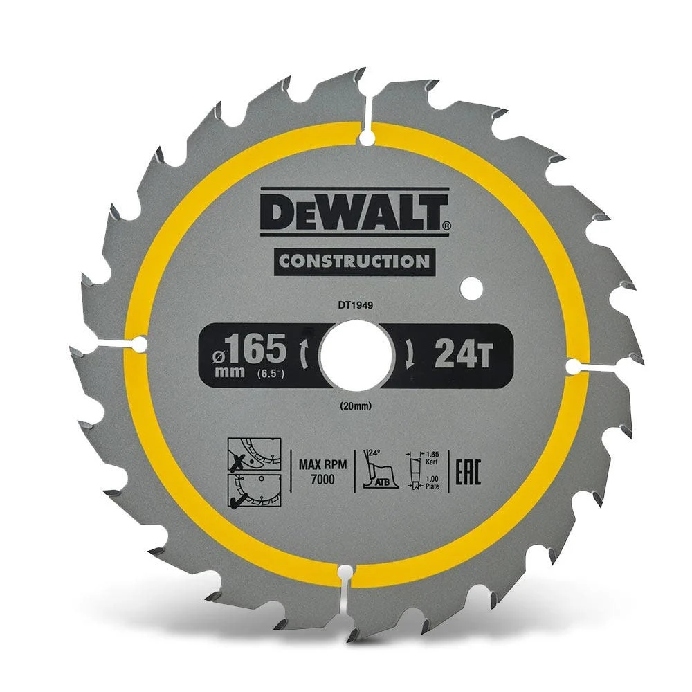 DEWALT 165 x 20mm 24T TCT CONSTRUCTION Circular Saw Blade for Wood Cutting DT1949-QZ