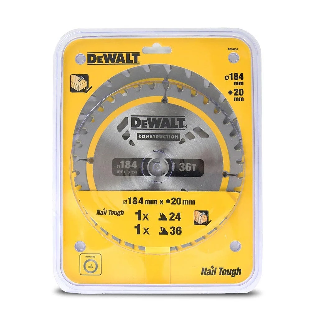 DEWALT 184 x 20mm 24/36T TCT CONSTRUCTION Circular Saw Blade - 2 Piece DT90253-QZ