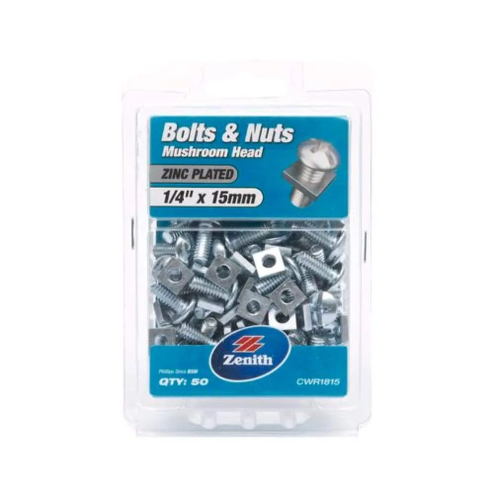 Zenith Bolts & Nuts Mushroom Head Zinc Plated 1/4" x 15mm - 50 Pack