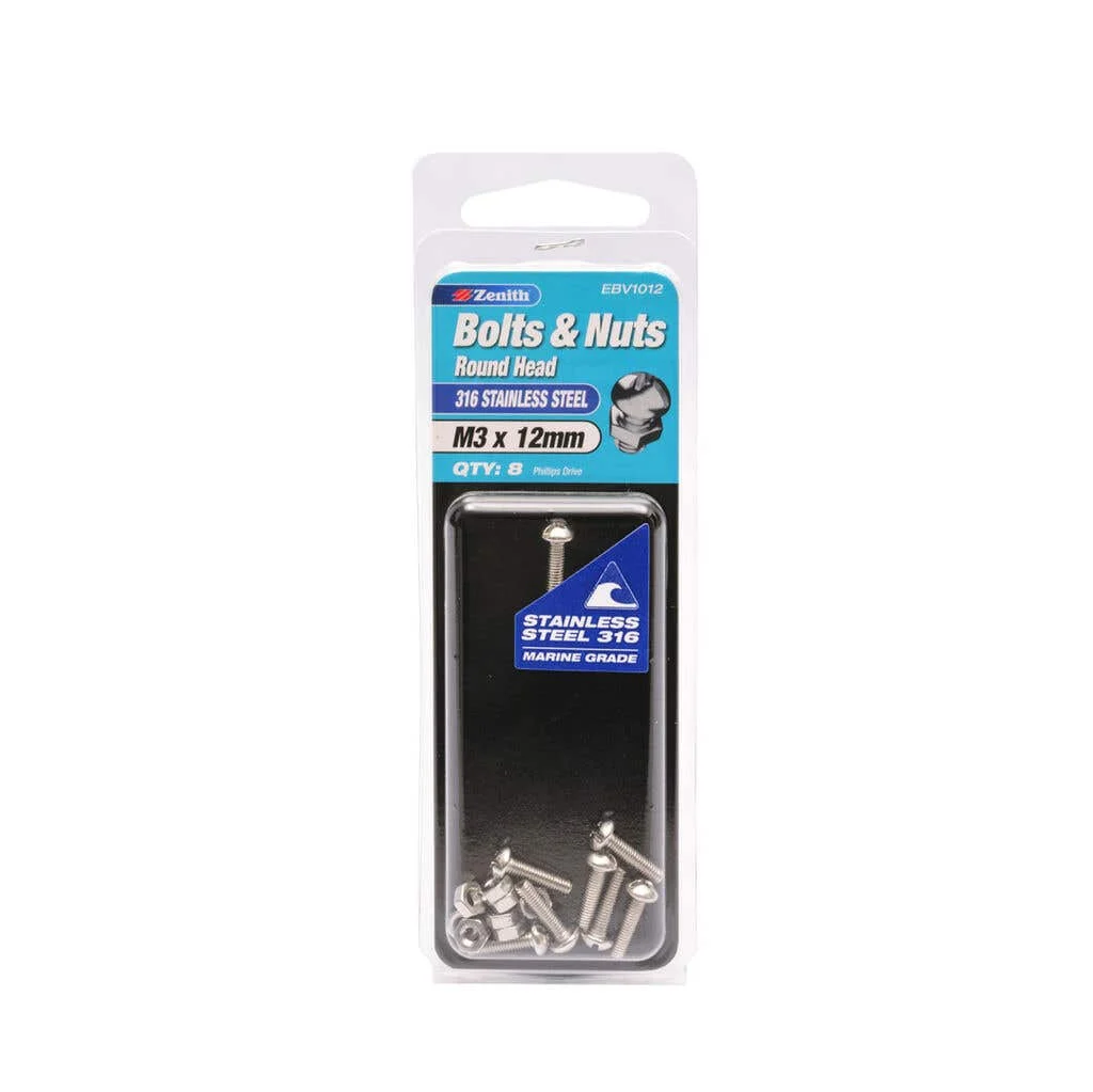 Zenith Bolts & Nuts Round Head 316 Stainless Steel M3 x 12mm - 8 Pack