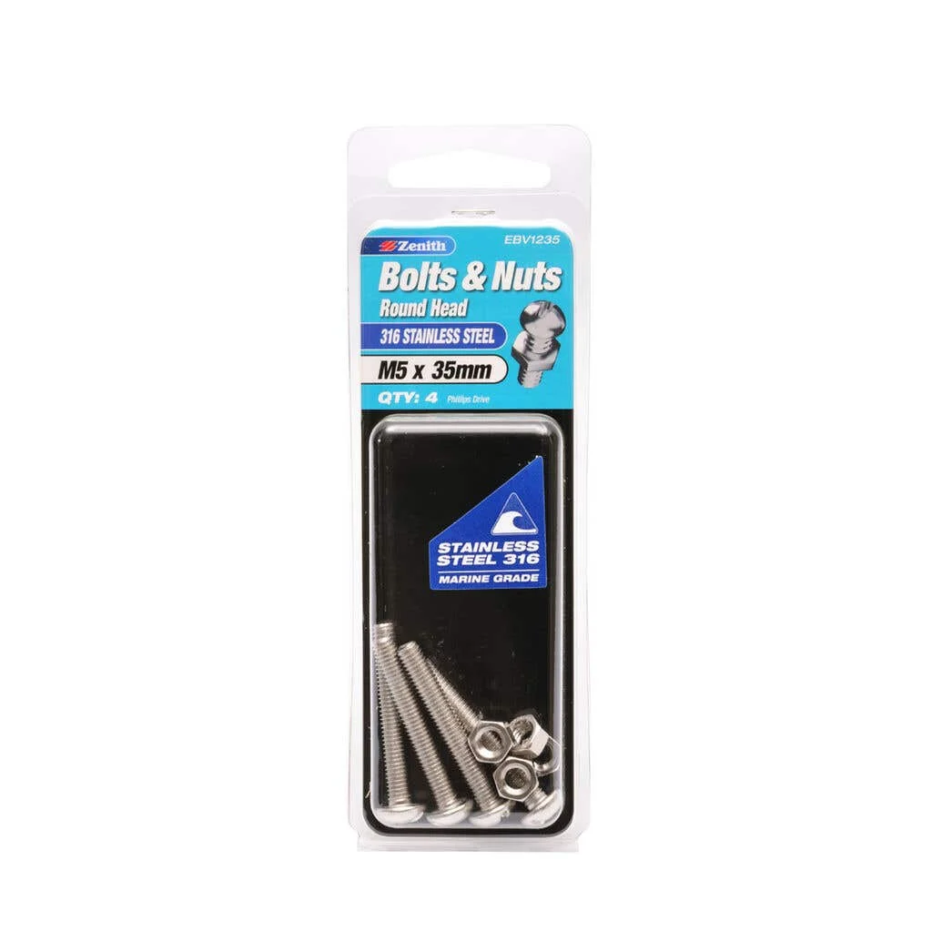 Zenith Bolts & Nuts Round Head 316 Stainless Steel M5 x 35mm - 4 Pack