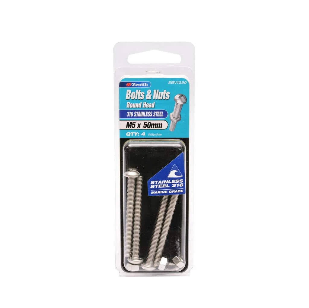 Zenith Bolts & Nuts Round Head 316 Stainless Steel M5 x 50mm - 4 Pack