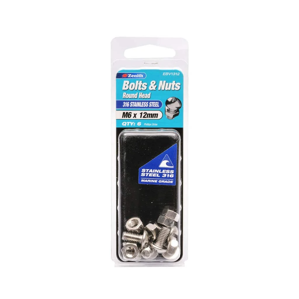 Zenith Bolts & Nuts Round Head 316 Stainless Steel M6 x 12mm - 6 Pack