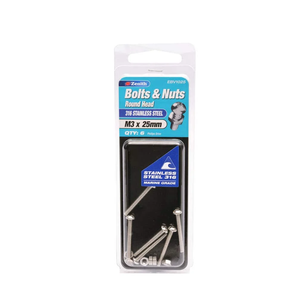 Zenith Bolts & Nuts Round Head M3 x 25mm - 6 Pack