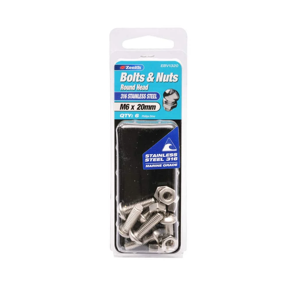 Zenith Bolts & Nuts Round Head M6 x 20mm - 6 Pack