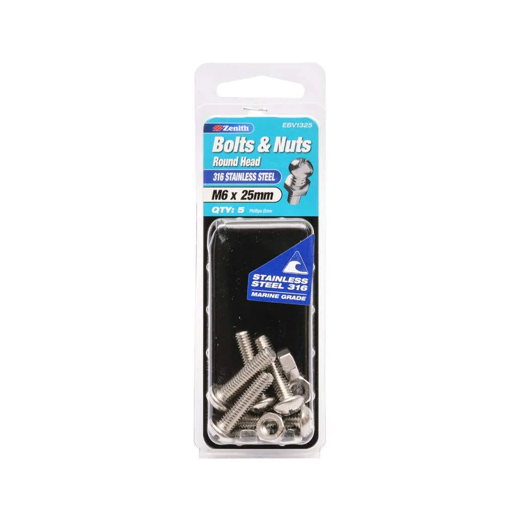 Zenith Bolts & Nuts Round Head M6 x 25mm - 5 Pack