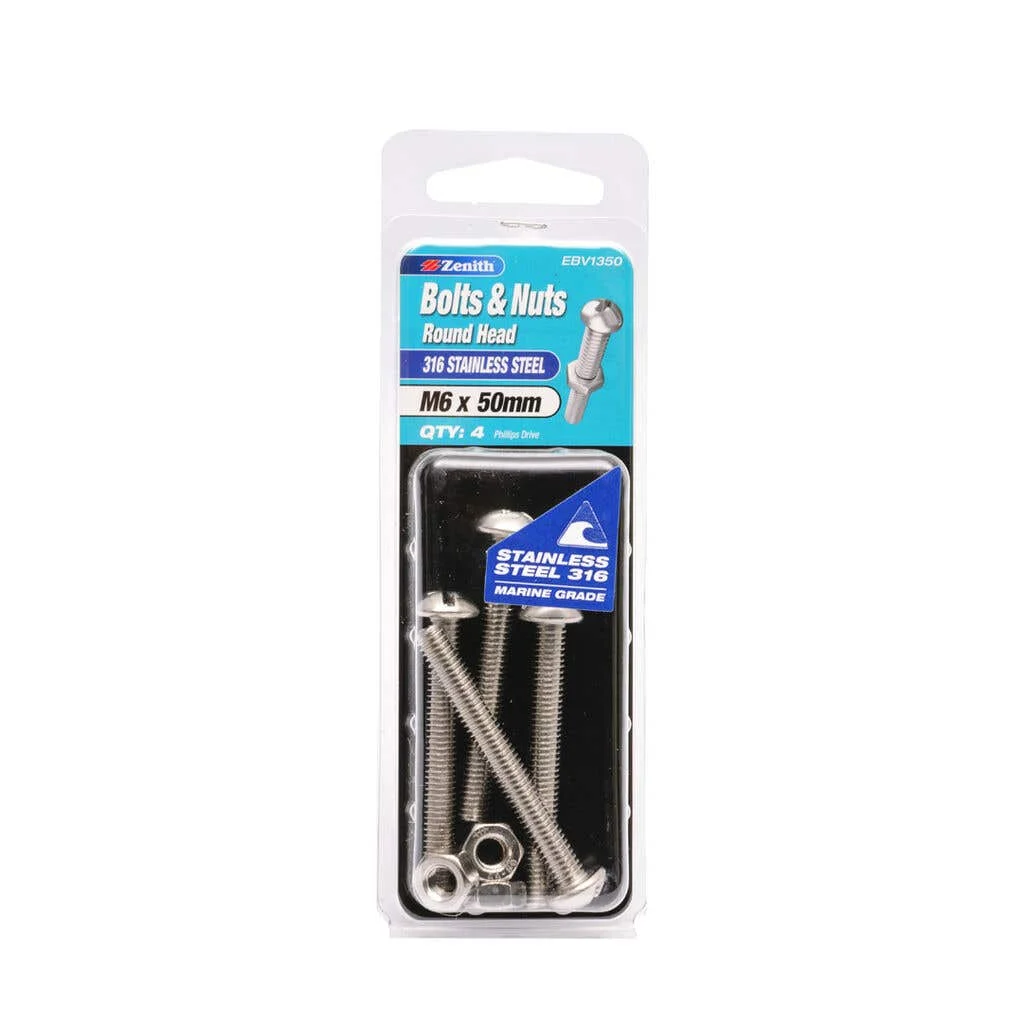 Zenith Bolts & Nuts Round Head Stainless Steel M6 x 50mm - 4 Pack