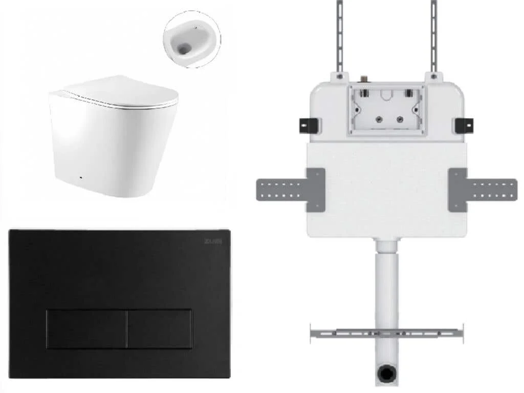 Zumi Zero Pan with Square Stainless Steel Flush Plate & Cistern Matte Black Z28SMB